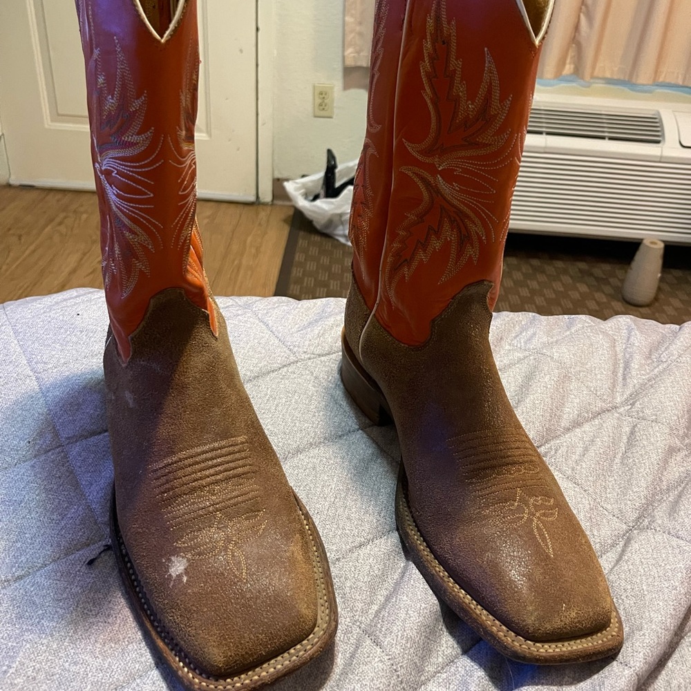 Square toe bent rail label cowboy boots by Justin.